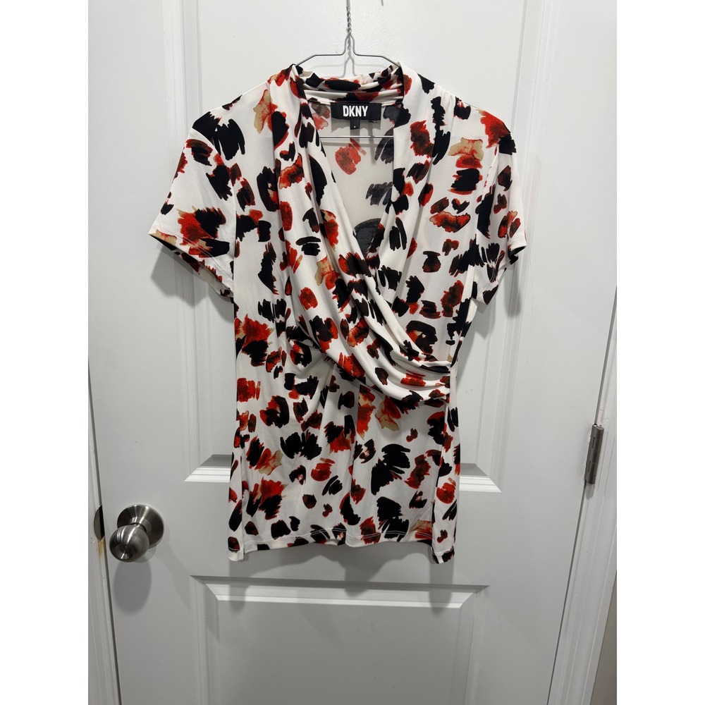 DKNY Womens Short Sleeve Wrap Front Abstract Print Top White Red Size M
